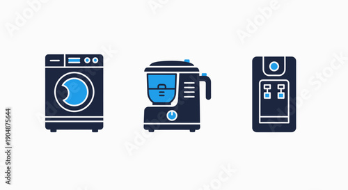 Set of modern icons for household appliances: washing machine, food processor, and a coffee machine in blue tones.