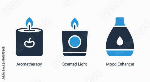 Aromatherapy candle, scented light, and mood enhancer diffuser icons set, perfect for wellness, spa, and relaxation concepts.