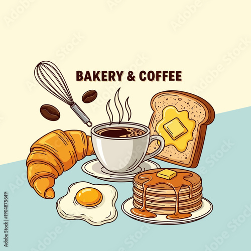 Delicious breakfast spread with coffee, croissant, toast, pancakes, and fried egg.