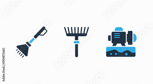 Gardening tool icons including a water sprayer, rake, and submersible pump for yard work, landscaping, and irrigation.