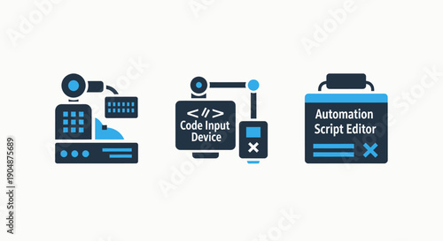 Automation and coding icons: cash register, code input device, and script editor, representing digital workflow and technological processes.