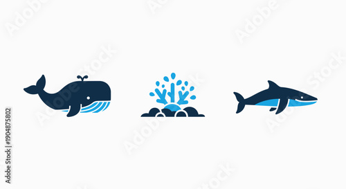 Diverse Marine Animals and Ocean Life Icons - Large Whale, Water Spout, and Fierce Shark for Aquatic Nature Concepts