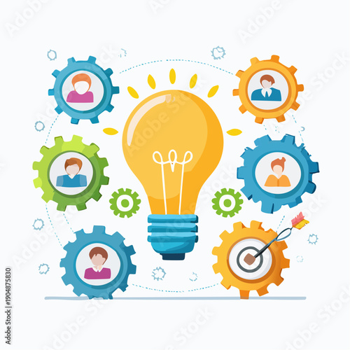 Teamwork and idea realization concept with a central lightbulb, people within gears, and a target with arrow