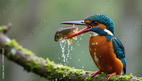Common Kingfisher Perched on a Mossy Branch with a Freshly Caught Fish in its Beak
