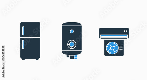 Essential Home Appliances for Modern Living Icons - Refrigerator, Water Heater, and Air Conditioner for Domestic Comfort