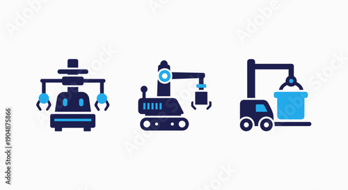 Advanced Industrial Robotics and Automated Logistics Icons - Assembly Machines, Tracked Robots, and Autonomous Forklifts