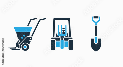 Versatile Farm and Gardening Tools Icons - Seed Spreader, Forklift, and Shovel for Agriculture and Landscaping Projects