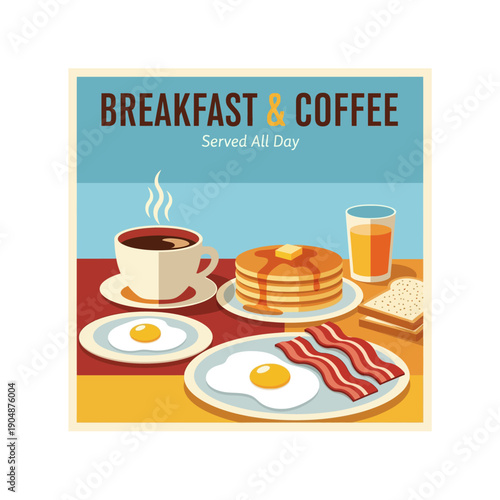 Delicious breakfast spread with coffee, pancakes, eggs, bacon, and orange juice.