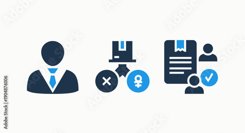 Business management flat icons showing professional user, package transaction status, and successful document verification for corporate processes.