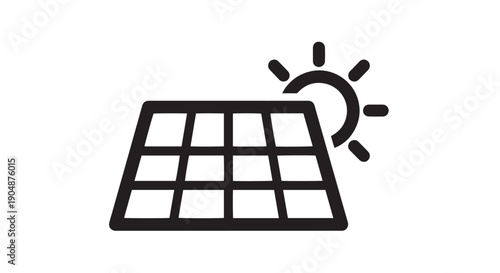 Simple black and white icon representing a solar panel absorbing energy from the bright shining sun above