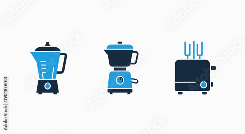 Essential kitchen appliances in flat design icons: a blender, a stand mixer, and a toaster, perfect for cooking and home interior concepts.