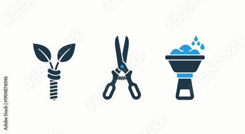 Essential gardening flat icons including a plant sprout, pruning shears, and a watering can, representing growth, cultivation, and sustainable agriculture.