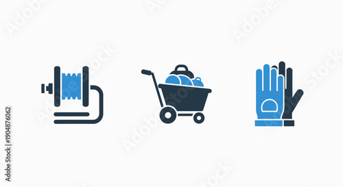 Practical flat design icons of gardening essentials: a hose reel, garden cart, and protective gloves for outdoor work and lawn care.