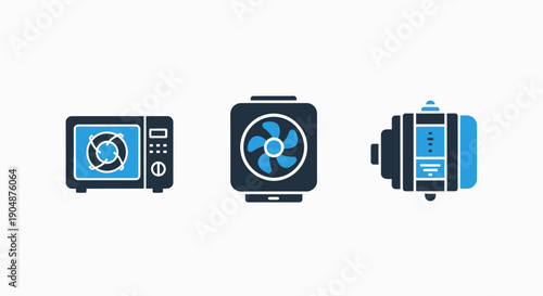 Flat design icons showcasing HVAC systems and industrial machinery, including an air conditioner, exhaust fan, and electric motor.