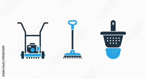 Essential Home and Garden Maintenance Tools: Lawn Mower, Rake, and Pool Skimmer for Outdoor Chores and Upkeep Tasks.