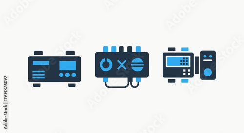 Modern flat design icons for electronic devices, including an audio mixer, control panel, and server unit, representing technology and digital processing.