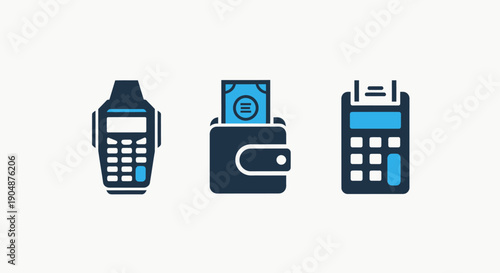Digital Payment and Financial Transaction Icons Set: POS Terminal, Cash Wallet, and Receipt Printer for Business and Retail