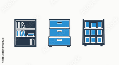 Home and Office Storage Furniture Icons Set: Bookshelves, Drawer Cabinets, and Open Shelving Units for Organization