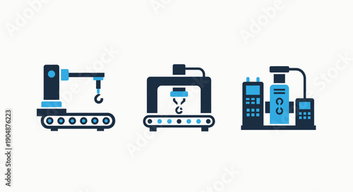 Modern Industrial Production and Factory Automation Icons Set: Conveyor Belts, Robotic Systems, and Manufacturing Plants