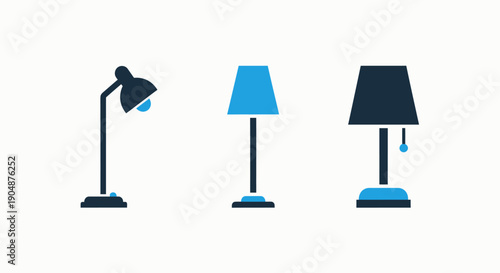 Modern Home and Office Lighting Fixture Icons Set: Desk Lamps, Floor Lamps, and Table Lamps for Interior Design