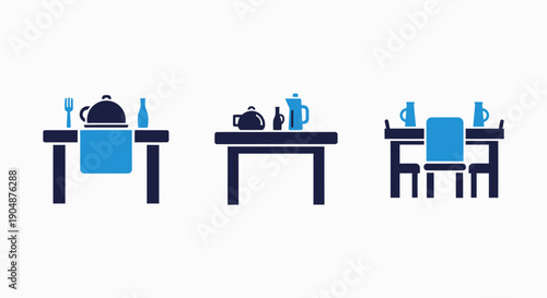 Modern Blue and Dark Grey Flat Icons of Dining Tables with Kitchenware and Place Settings for Food, Restaurant, and Home Concepts