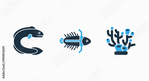 Vibrant Blue and Dark Grey Flat Vector Icons of Ocean Life Including an Eel, a Fish, and Coral Reef for Marine Biology and Nature