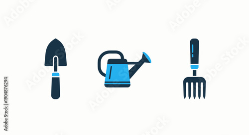 Set of Blue and Dark Grey Flat Gardening Tool Icons Featuring a Shovel, Watering Can, and Rake for Outdoor Work and Farming