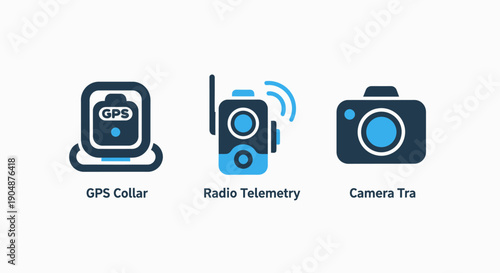 Wildlife Tracking and Observation Icons with GPS Collar, Radio Telemetry, and Camera Trap for Animal Conservation and Research.