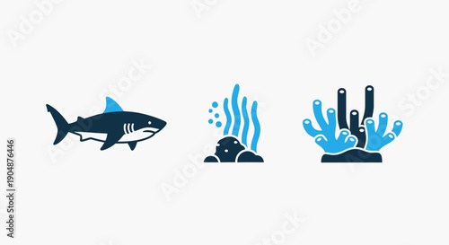 Dynamic Marine Life Icons Featuring a Shark and Underwater Coral Reefs, Illustrating Ocean Ecosystems and Aquatic Biodiversity.