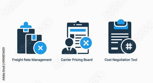Logistics Management Icons Featuring Freight Rate Negotiation, Carrier Pricing, and Cost Optimization Tools for Supply Chain Efficiency.