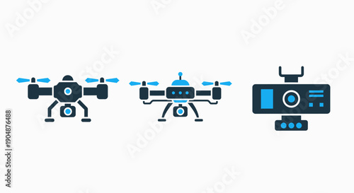 Modern Drone Technology Icons - Aerial Camera, Quadcopter, and Remote Control Device Graphics in Blue