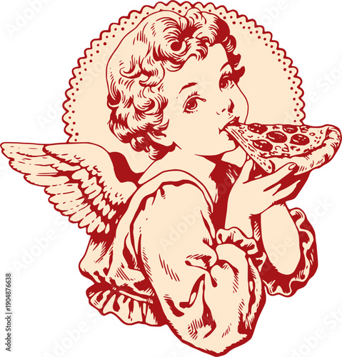 A red cherub angel eats pizza expressing humor love food joy and playful innocence. 