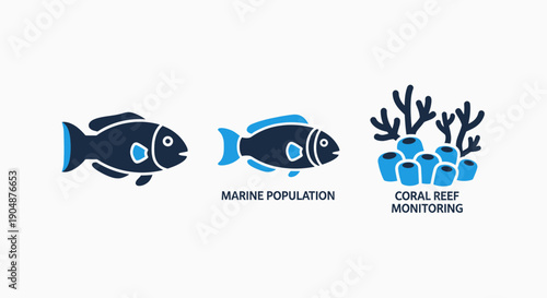 Marine Population and Coral Reef Monitoring Icons Representing Ocean Life and Environmental Conservation