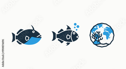 Marine Ecosystem and Fish Icons Representing Ocean Conservation and Aquatic Life