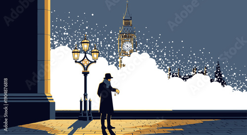 A mysterious figure in a trench coat stands under a classic London street lamp, checking his watch with Big Ben looming in the snowy distance.