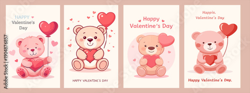 Vector illustration of a happy Valentine's Day themed teddy bear card featuring a cute teddy bear with a flat design style, pastel colors, and bold lines