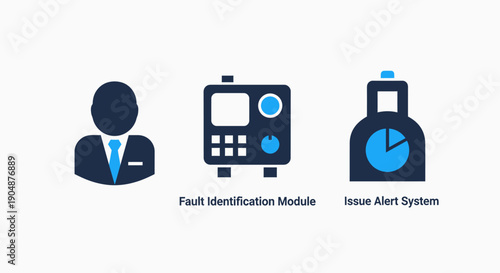 Professional Businessman and Technical System Icons for Fault Identification and Issue Alert Management