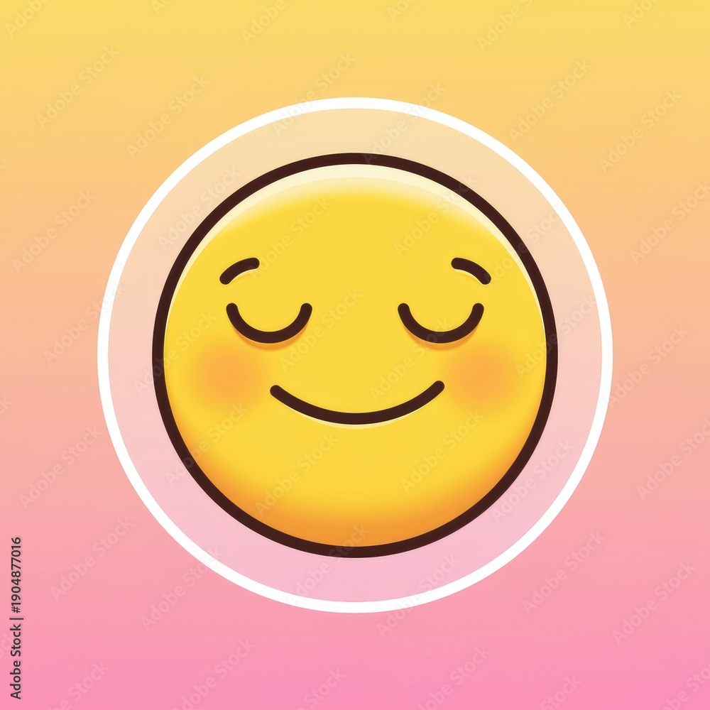 Fototapeta premium A smiling yellow face with closed eyes surrounded by a pink and orange gradient background