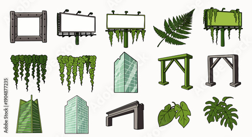 Collection of architectural elements intertwined with nature, including billboards, arches, and modern buildings overgrown with plants.