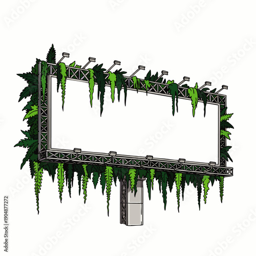 Overgrown billboard with green plants and vines, symbolizing nature reclaiming advertising spaces, isolated on white.