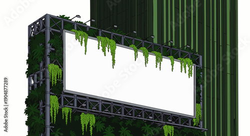 Overgrown Billboard in Urban Jungle: Empty Screen Surrounded by Lush Greenery and Vines, Symbolizing Nature's Reclamation