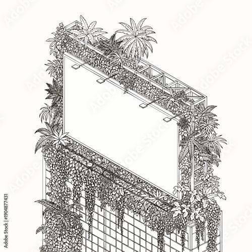 Detailed line art illustration of an abandoned urban billboard completely covered in lush foliage, representing eco-friendly concepts and green architecture.