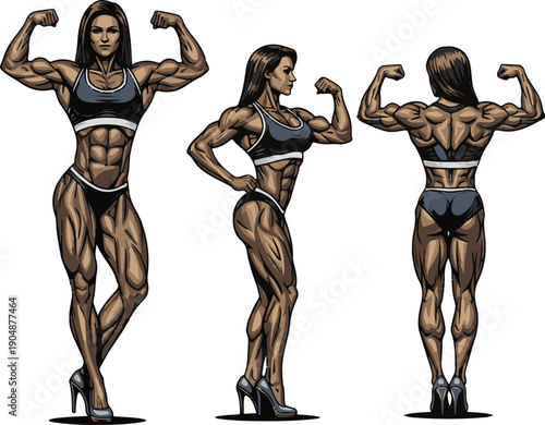 Female Bodybuilder Character Illustration in Three Poses, Front Side and Back View Vector