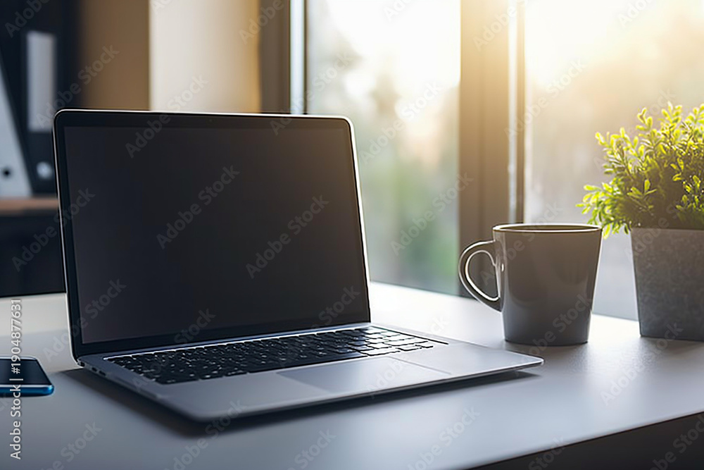 Fototapeta premium Modern Laptop On Bright Desk With Coffee Mug And Potted Plant