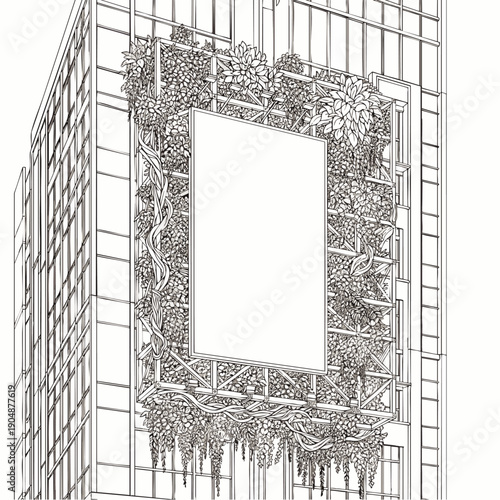 Green architecture line art: modern urban building facade featuring a large blank billboard frame adorned with lush climbing plants and vines, eco-friendly design.