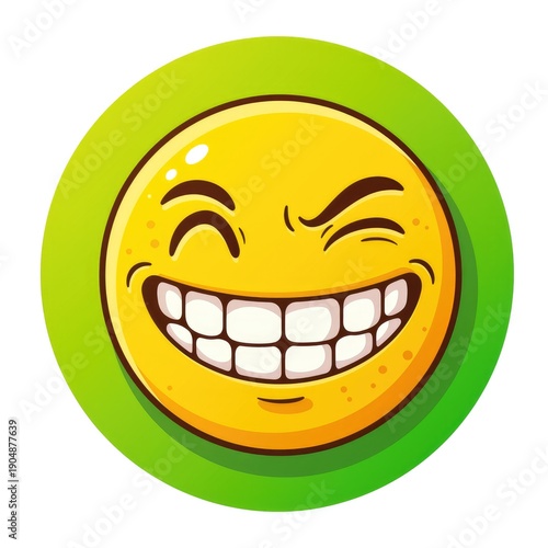 A vibrant cartoon face with a wide, toothy grin and closed eyes, surrounded by a green border