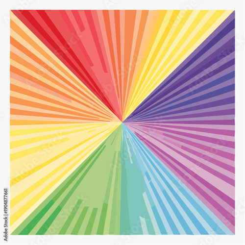 Radial burst of rainbow colored geometric stripes emanating from a central point creating a dynamic and energetic abstract pattern