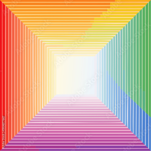 Rainbow colored square tunnel perspective with gradient stripes and a bright white vanishing point creating a sense of depth and journey