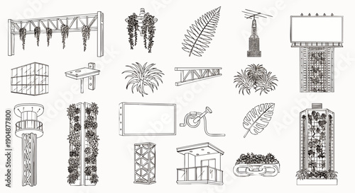 Collection of Hand-Drawn Architectural Elements and Greenery, Including Billboards, Towers, and Vertical Gardens