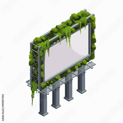 Overgrown billboard with vines and plants, symbolizing nature reclaiming urban spaces, post-apocalyptic advertising concept